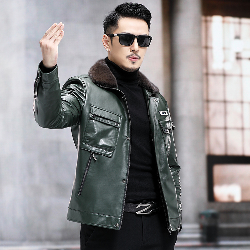 Haining Genuine Leather Men's Mink Fur Collar Removable Down Jacket Liner Sheepskin Jacket Winter Coat Thick Haining Genuine Leather Men's Mink Fur Collar Removable Down Jacket Liner Sheepskin Jacket Winter Coat Thick