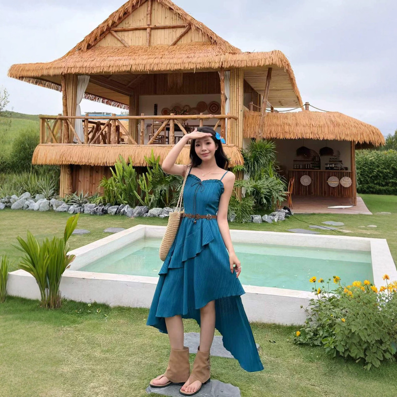 Ethnic Style Fashion Xinjiang Seaside Travel Western Region Vibe Photo Shoot Strap Dress with Belt Stylish Coffee-Colored Dress Ethnic Style Fashion Xinjiang Seaside Travel Western Region Vibe Photo Shoot Strap Dress with Belt Stylish Coffee-Colored Dress