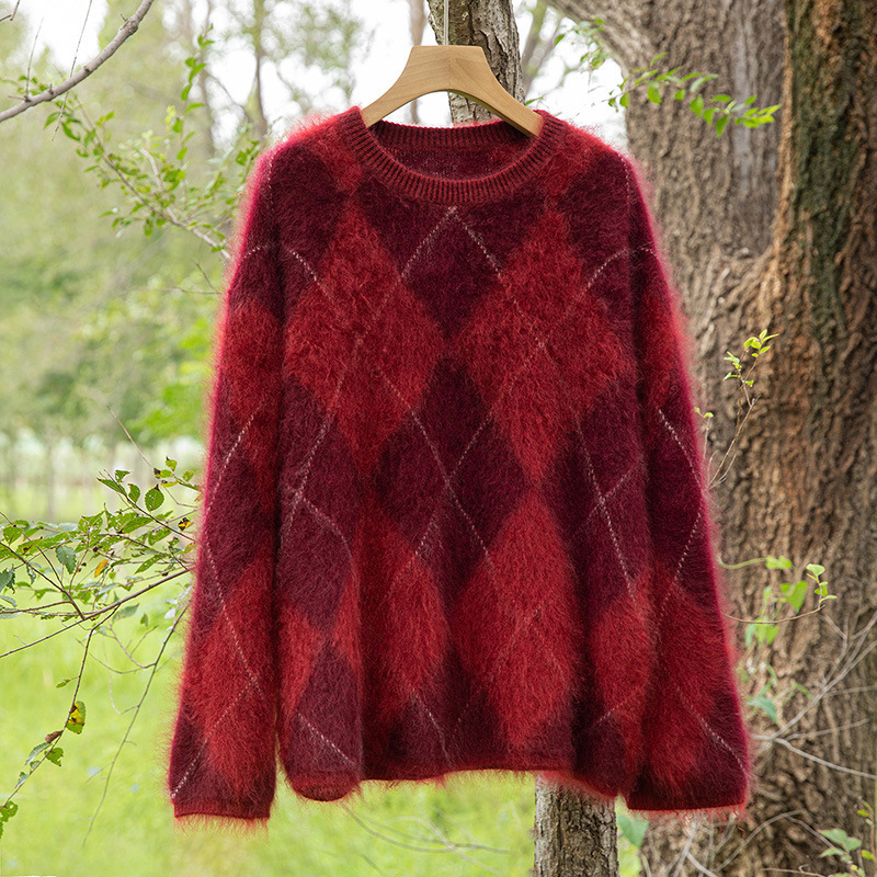 Royal Fleece Diamond Pattern Pure Cashmere Intarsia Round Neck Fleece Thickened Loose Pullover Autumn and Winter Base Layer Royal Fleece Diamond Pattern Pure Cashmere Intarsia Round Neck Fleece Thickened Loose Pullover Autumn and Winter Base Layer