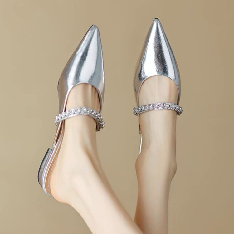 French Style Chanel Style Pointed Low Heel Muller Baotou Half-Slippers Women's Outer Wear Flat Sandals with Rhinestone silver French Style Chanel Style Pointed Low Heel Muller Baotou Half-Slippers Women's Outer Wear Flat Sandals with Rhinestone silver