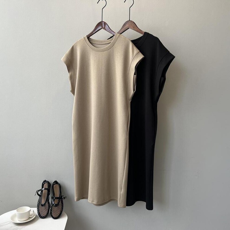 Korean Style Casual Summer Plus-Size Flutter Sleeve Dress, French Anti-Exposure Loose Niche Mid-Length T-Shirt Dress for Women