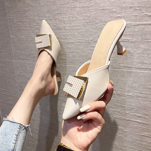 Back empty toe slippers 2024 new style pointed toe stiletto high heel half slippers for women to wear fashionable temperament sandals
