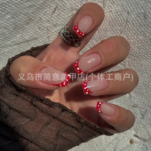 跨境欧美简约波点纯手工穿戴甲酒红色法式中方ins风圆点美甲批发