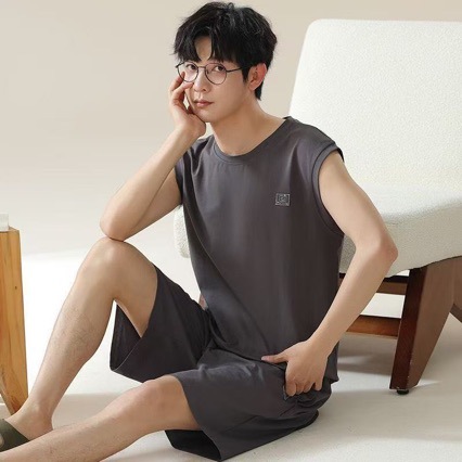 모달 파자마 남성 여름 조끼 반바지 청소년 겉으로 입을 수 있는 얇은 홈웨어 세트 여름 얇은