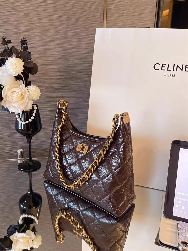 Túi tote nữ da thật kiểu tweed đeo chéo dây xích chần bông — Màu đen, Đỏ Ancora, Cà phê Mocha, Màu nâu chi tiết 14