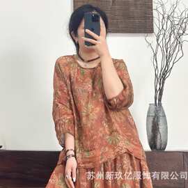 2026夏季新款苎麻衬衫女文艺时尚数码印花中袖宽松套头衬衣T恤衫