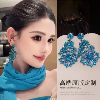 晚宴女主!巨显白蓝色闪钻耳环女重工轻奢高级感耳饰名媛风耳钉新