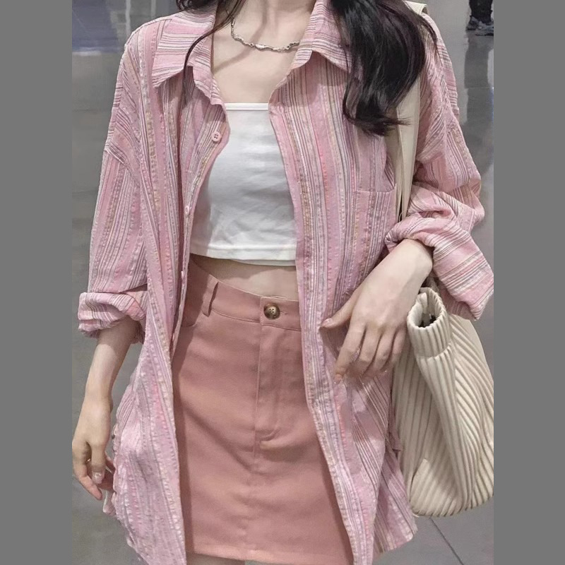 粉色条纹衬衫外套女新款春夏季防晒衬衣设计感慵懒风开衫上衣