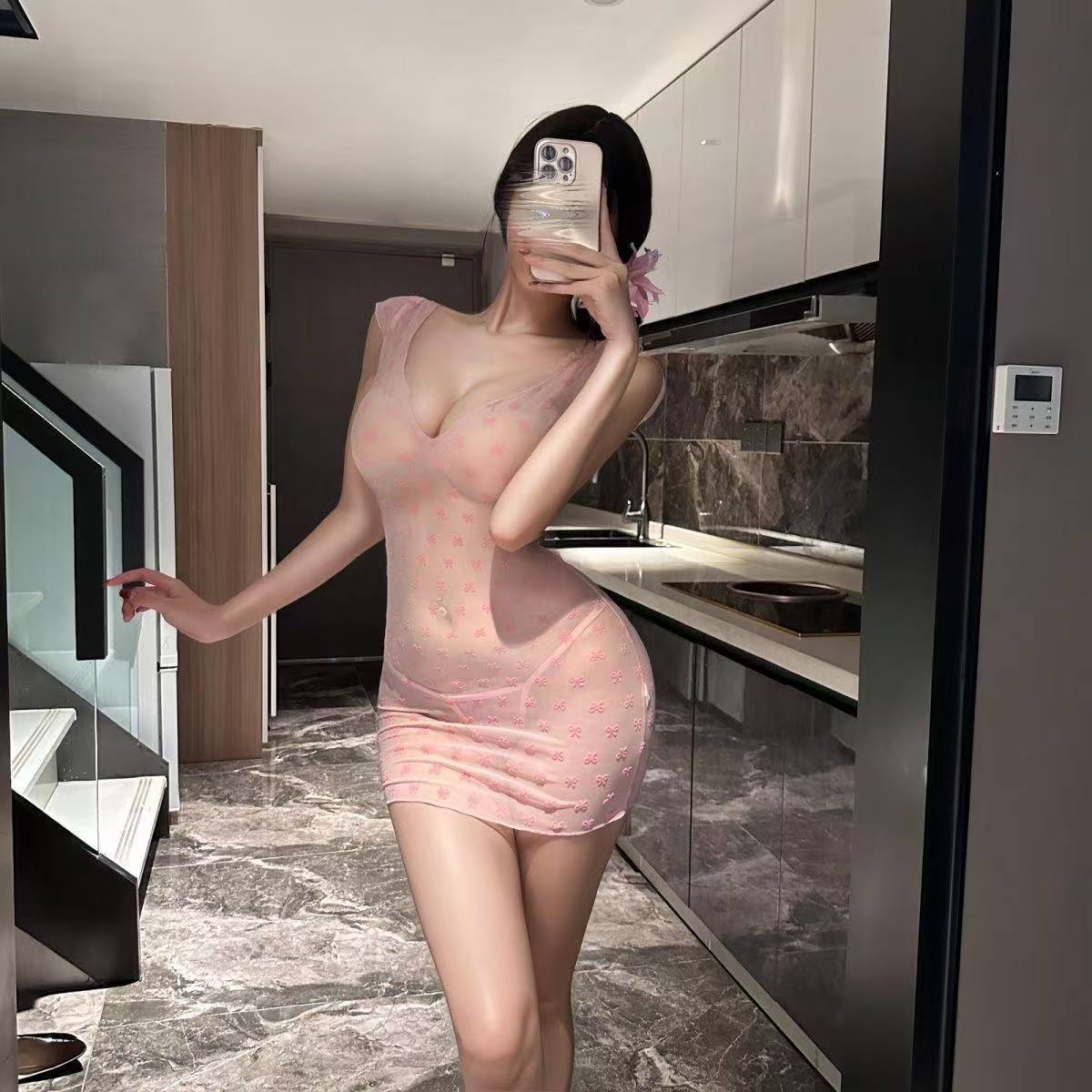 Pure Lust Deep V See-Through Gauze Babydoll Skirt Pajamas with Bow Detail — detail image 5