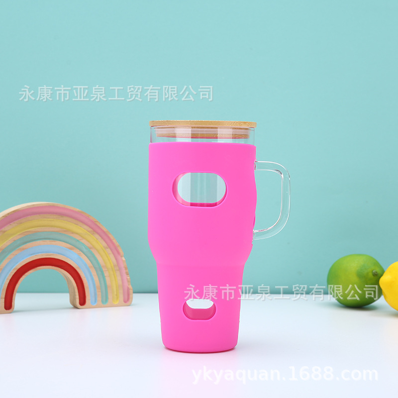 32oz vasos de vidrio transfronterizos con mango de gran capacidad portátil al aire libre cubierta de bambú cubierta de hielo con cubierta de automóvil al por mayor