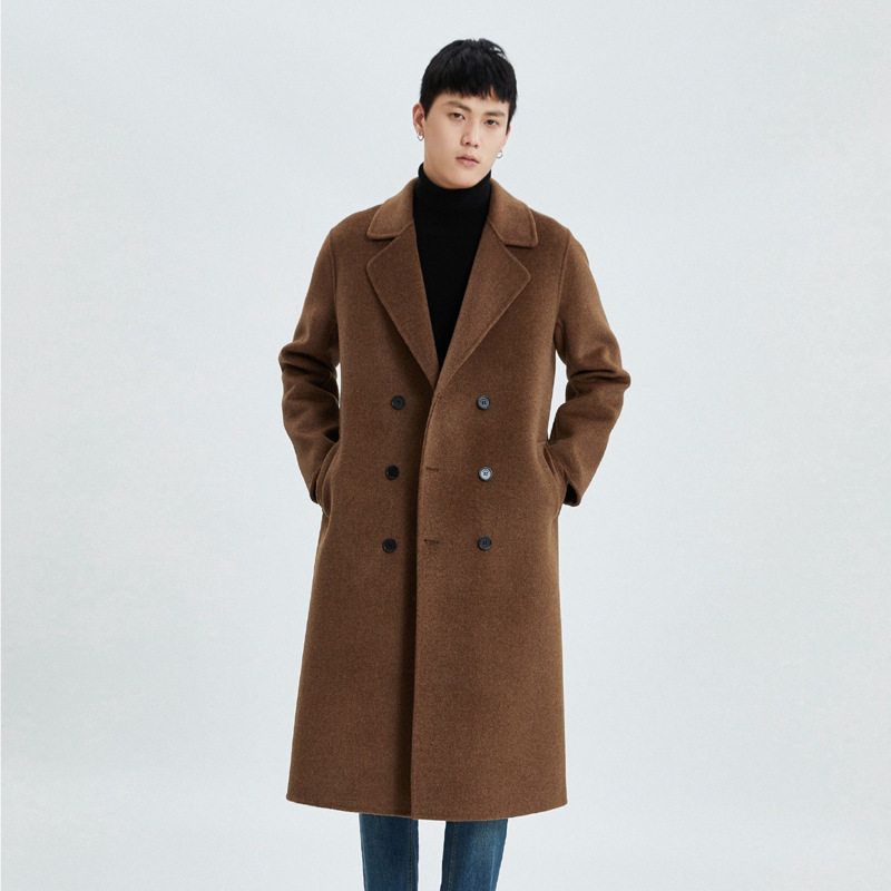 가을과 겨울 긴 무릎 길이 양면 캐시미어 코트 남성용 더블 브레스트 한국식 세트 느슨한 울 코트