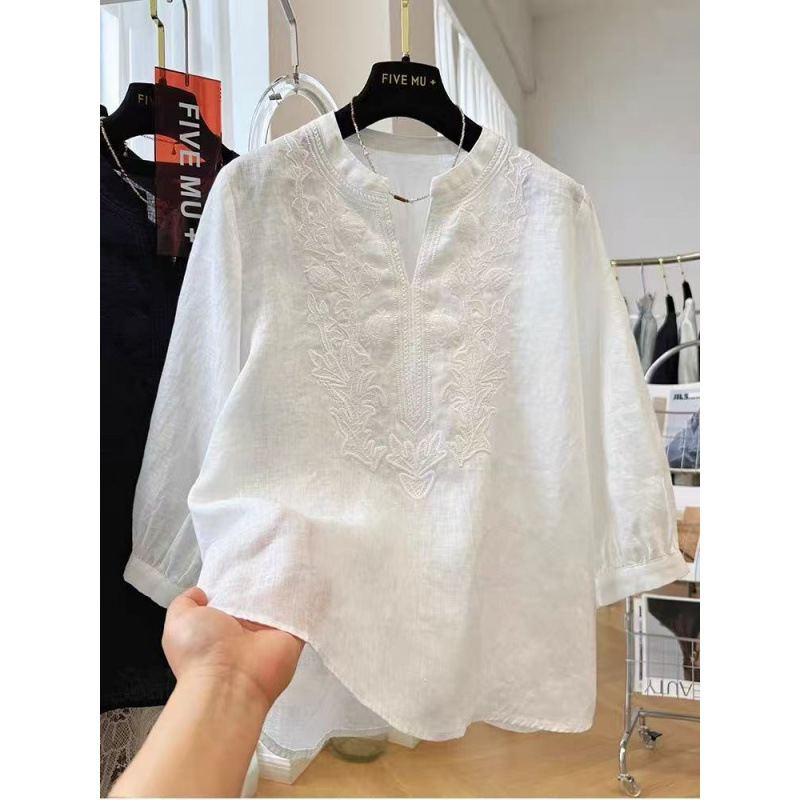 High-End Linen Heavy Embroidery Three-Quarter Sleeve Shirt for Women, Summer Thin French Style Shirt, Super Nice Top