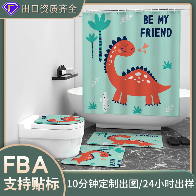 Waterproof and Mildew-Resistant Cartoon Dinosaur Digital Print Shower Curtain, No-Drill Custom Bathroom Curtain