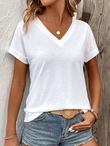 Cross-border European and American women's upper garment V-neck short-sleeve AliExpress Amazon solid color elegant solid color V-neck T-shirt white polyester