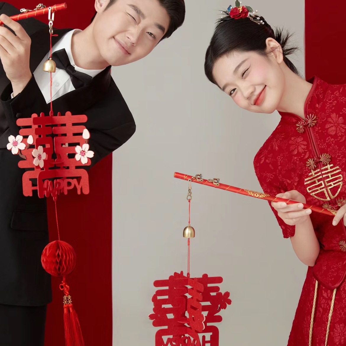 新款手持喜字灯笼新中式旗袍婚纱摄影道具古装汉服拍照手拿红喜