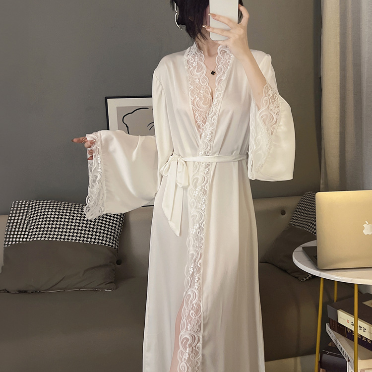 Tiktok Live Popular Spring and Autumn Ice Silk Long Sleeve Sexy Lace Two-Piece Nightgown Long Bathrobe Women's Loungewear