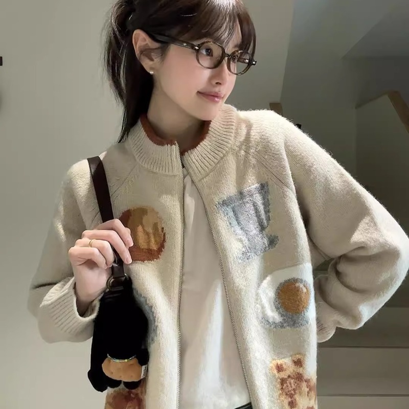 学院风毛衣外套女秋季新款慵懒风宽松拉链针织衫开衫秋冬百搭上衣|undefined