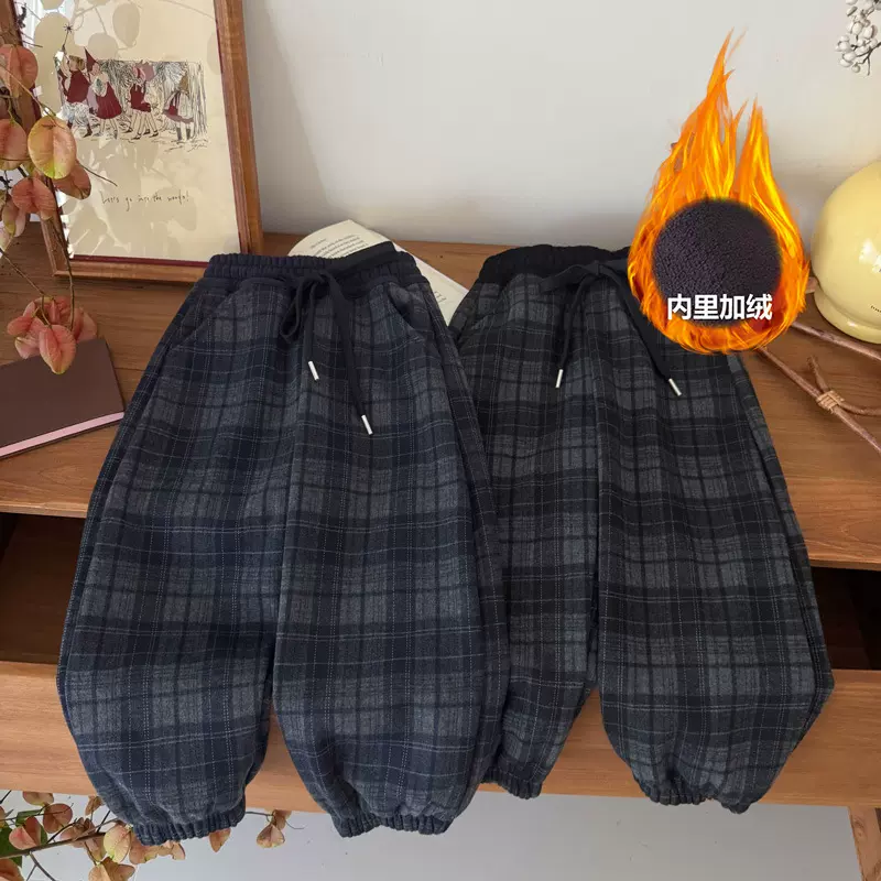 儿童加绒格子裤2025冬季新款男童休闲裤 女童宽松保暖裤百搭裤子