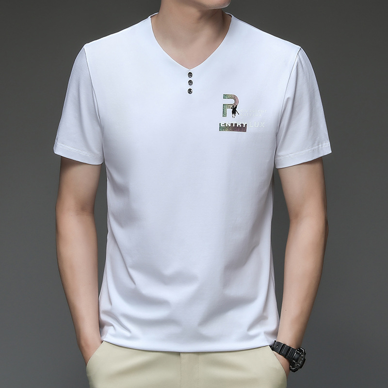 2023 Sommer V-Ausschnitt Kurzarm Baumwolle Mode Lässig Trendy Lose T-Shirt Herren Top Papa Dress Up_voghion.com