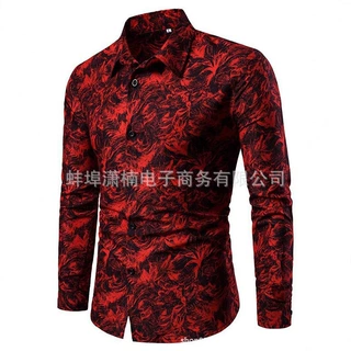 跨境外贸款休闲碎花长袖翻领开扣衬衫男士英伦风衬衫亚马逊速卖通