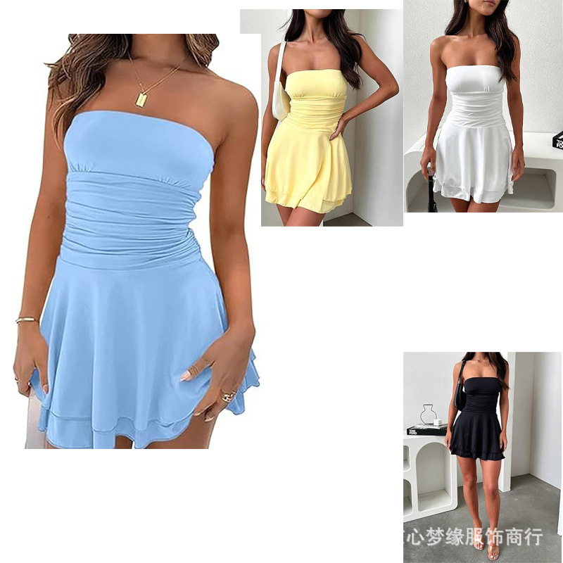 Women's 2025 Cross-Border European and American Summer Strapless Tube Top Dress Sexy Off-Shoulder Pleated Layered Elegant Fan Women's 2025 Cross-Border European and American Summer Strapless Tube Top Dress Sexy Off-Shoulder Pleated Layered Elegant Fan
