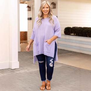Cross-Border European and American Plus Size Women's Loose Tops Amazon's Popular Casual Pullover Light Purple Short Front and Long Back Sweater