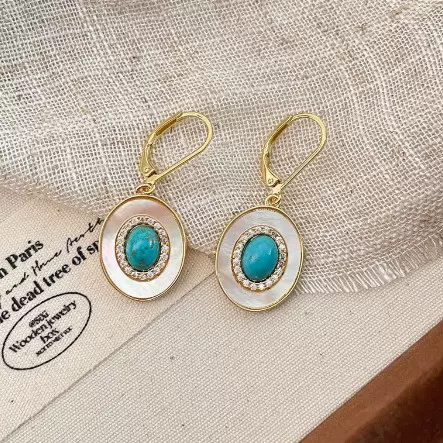 2025年新款贝母绿松石复古宫廷耳环镶嵌锆石椭圆气质高级感耳饰