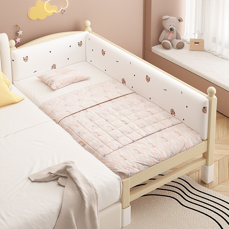 Children's Bed Splicing Bed Adjustable Height Splicing Large Bed Customized Widened Bed Solid Wood Crib with Small Guardrail
