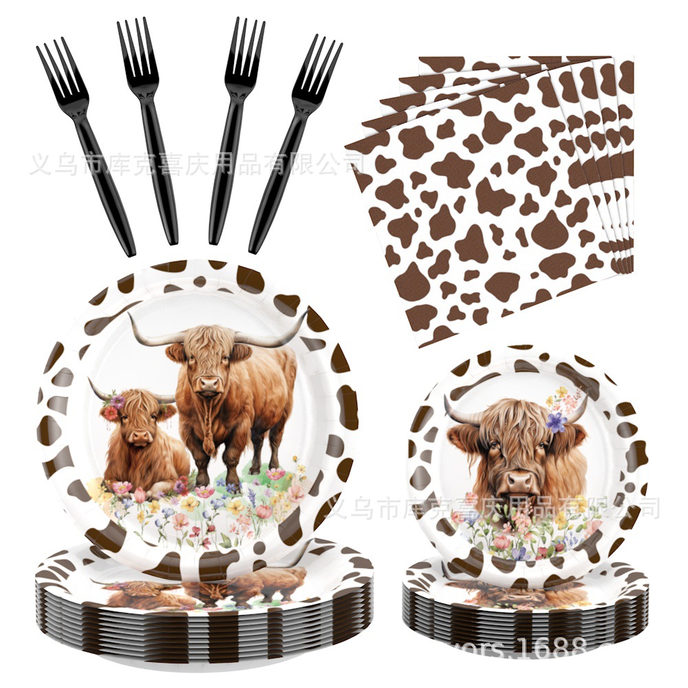 Amazon Highland Cow Theme Bandeja de papel vaso de papel toalla de papel juego de vajilla vaca marrón fiesta de cumpleaños suministros de decoración