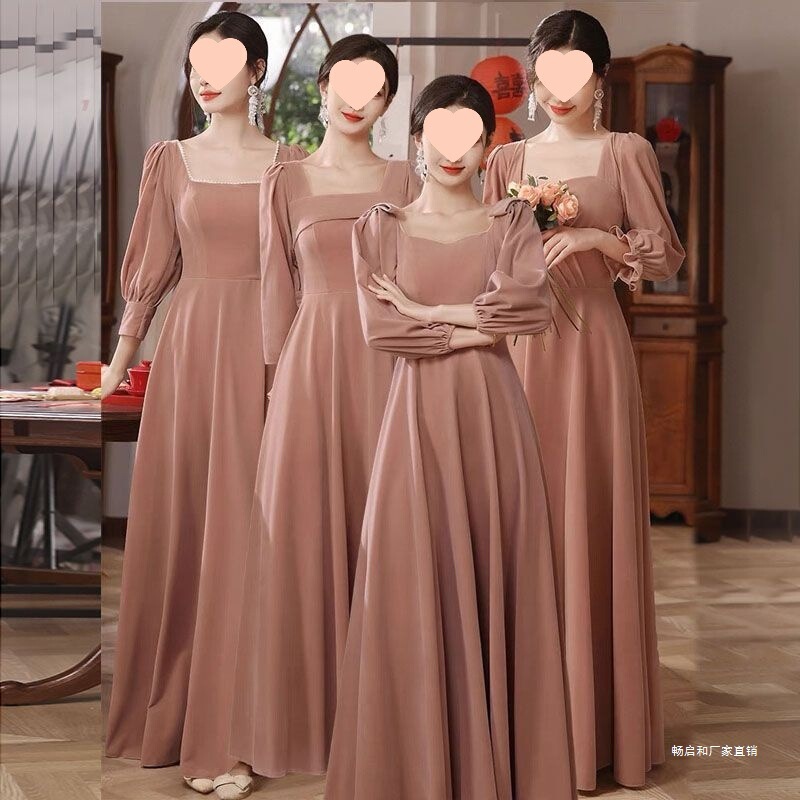 Pink Bridesmaid Dress Autumn and Winter 2025 New Long-Sleeved Velvet Thickeneded Sister Group Host Dress Skirt Female Niche Pink Bridesmaid Dress Autumn and Winter 2025 New Long-Sleeved Velvet Thickeneded Sister Group Host Dress Skirt Female Niche