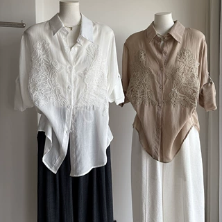 [比正]2026夏季新品 韩版轻薄透气重工刺绣防晒中长款衬衫女7142
