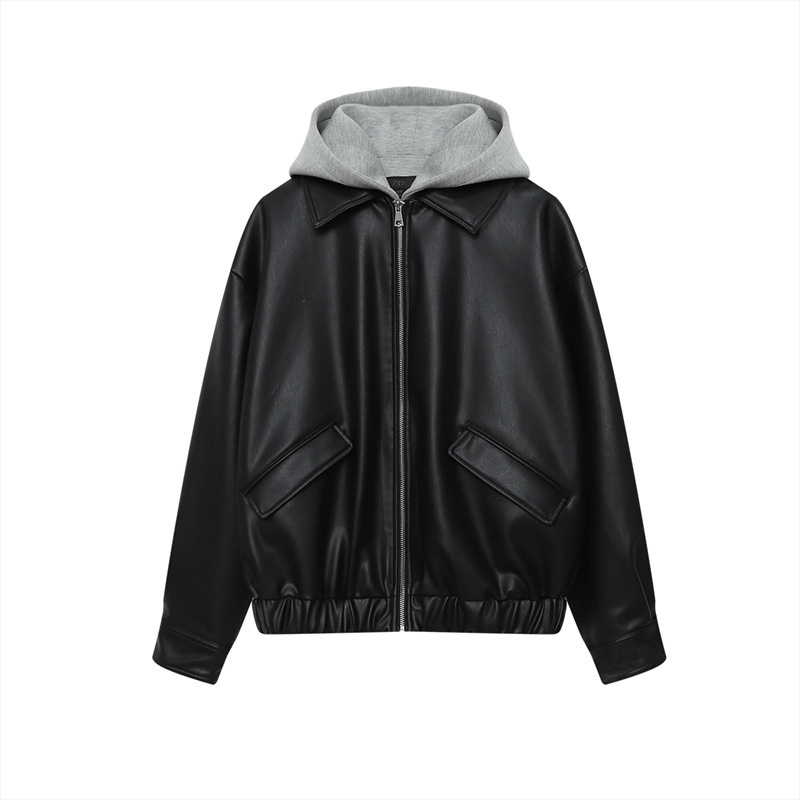 Foreign Trade Cross-Border Za American Splicing Fake Two-Piece Artificial Leather Effect Hooded Leather Jacket Jacket 3046829