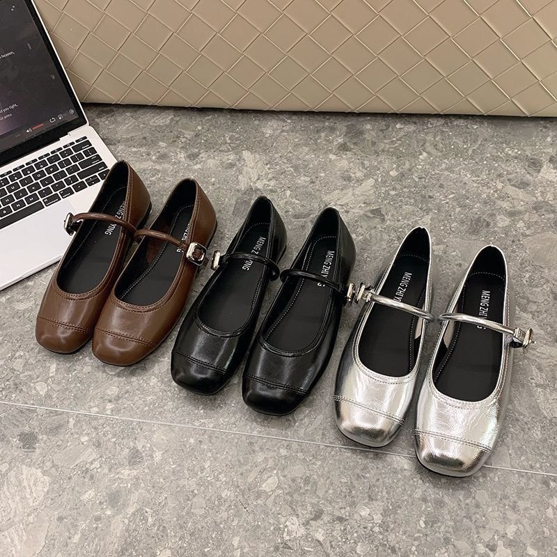 French-Style Silver Round-Toe Mary Jane Shoes for Women, New Spring 2026 Evening Flat Single-Strap Shoes