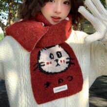 韩系百搭可爱猫咪针织围巾女生冬天保暖防寒新年圣诞红色围脖护颈