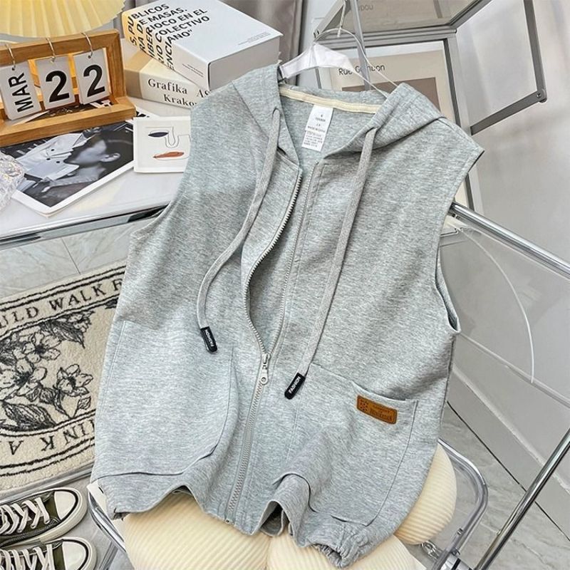 Vest Women's Spring and Autumn Sports Casual Solid Color Outer Wearing Vest Hooded Cardigan Sleeveless Sweater Vest Hooded Jacket