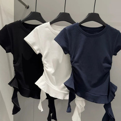 ラウンドネック右肩半袖Tシャツレディース夏新作スリムフィットデザイン不規則なフリルホットガールトップ