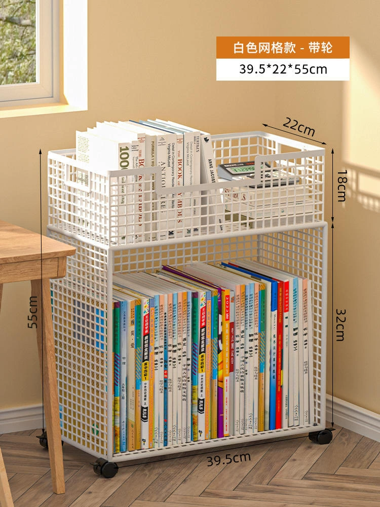 Small movable bookshelf, desktop-to-floor storage with wheels, multi-tier compact organizer