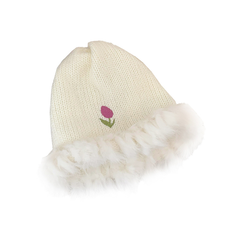 Tulip Rabbit Hair Fisherman voor dames in herfst en winter Koreaanse editie Warme grote hoofdband Gebreide wollen witte pluche_voghion.com