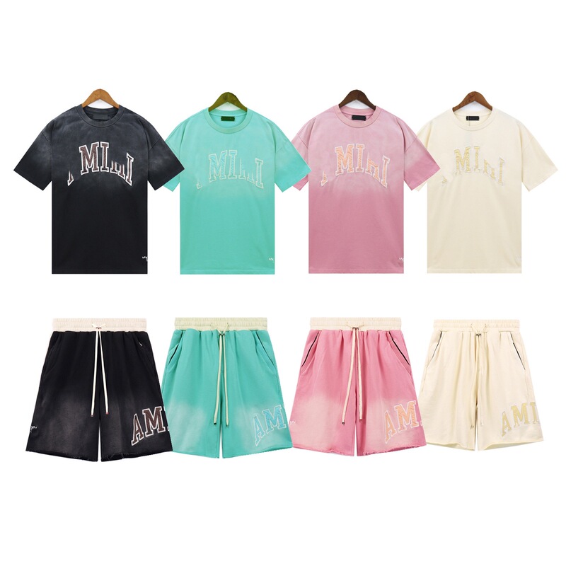 T-Shirt Set American College Style Amiri Letter Patch Embroidery Washed Vintage Short-Sleeve Pants Casual Shorts for Men
