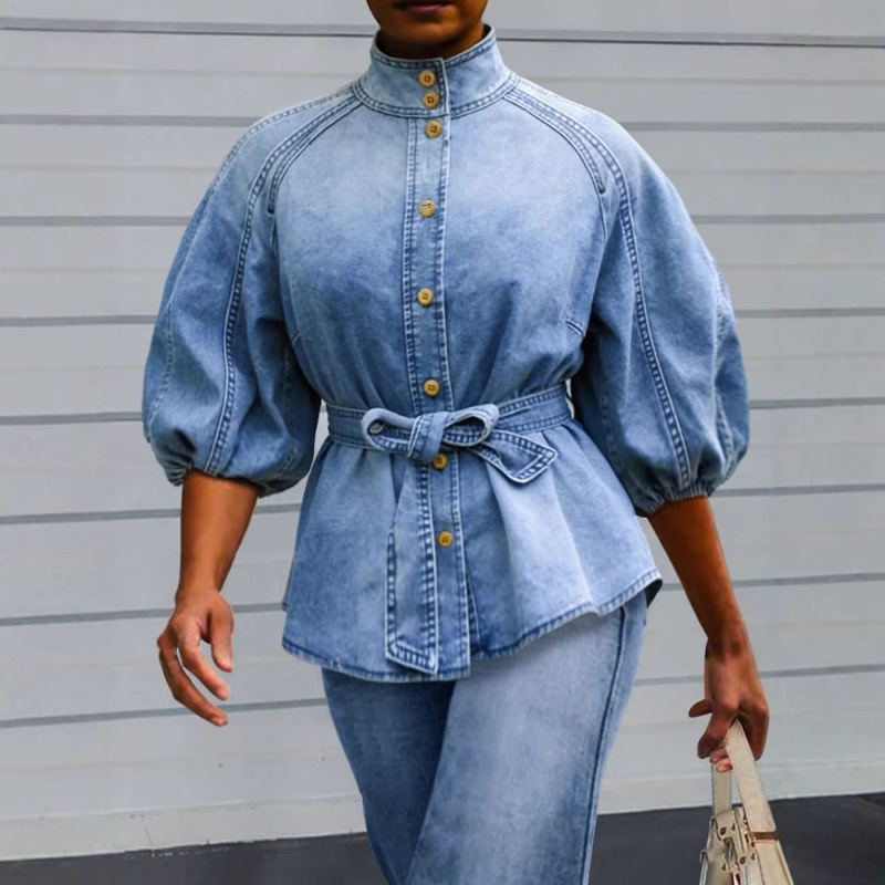 Lightweight and Loose-Fitting Cross-Border Women's Denim Shirt with Versatile Bow Tie, Elegant Style, Puff Sleeves, and Half-High Collar for Women Lightweight and Loose-Fitting Cross-Border Women's Denim Shirt with Versatile Bow Tie, Elegant Style, Puff Sleeves, and Half-High Collar for Women