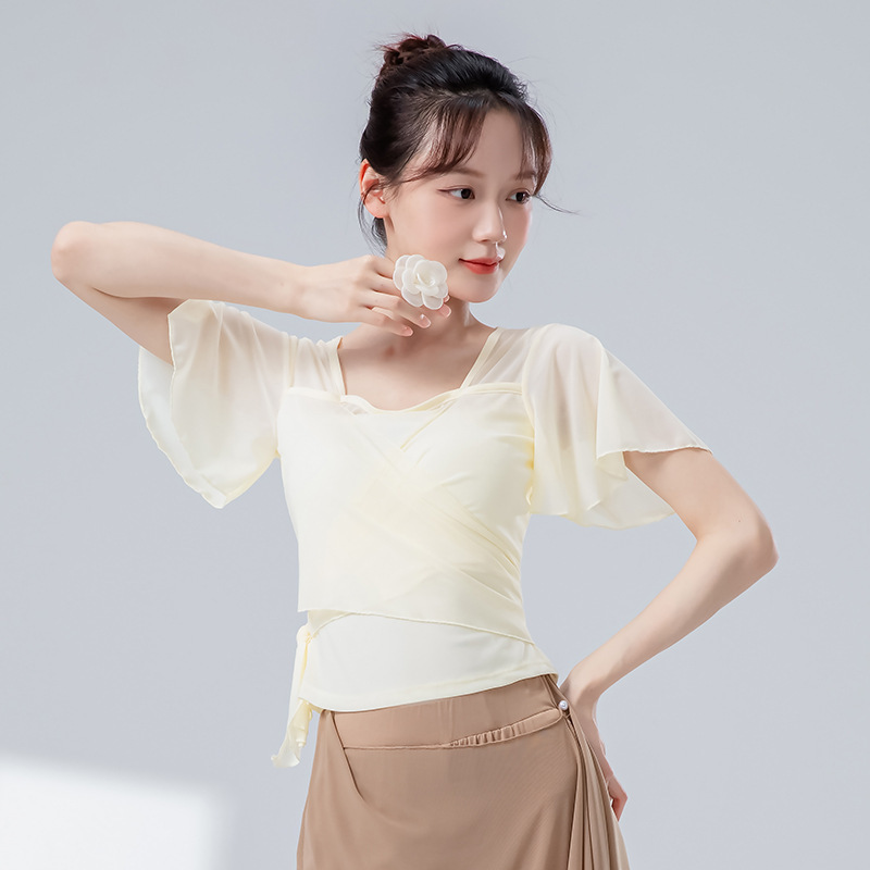 オリジナルデザインの女性用クラシックダンス練習服、夏用二層メッシュ、エレガントで妖精のような花の形をした半袖ガーゼ服|undefined