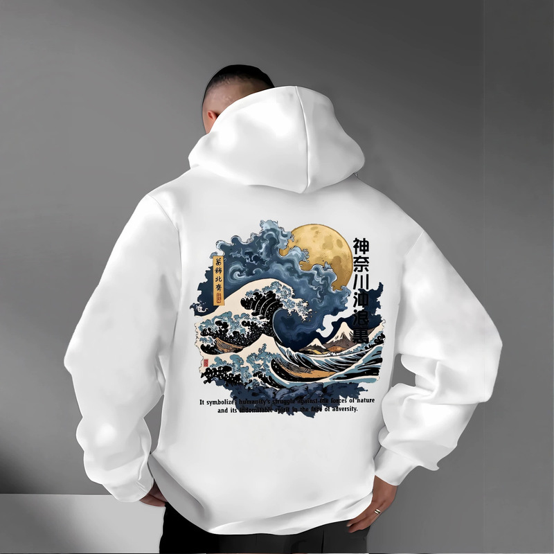 Men's hooded sweatshirt with a large Kanagawa Wave Ukiyo-e print on the back, loose-fitting pullover hoodie top