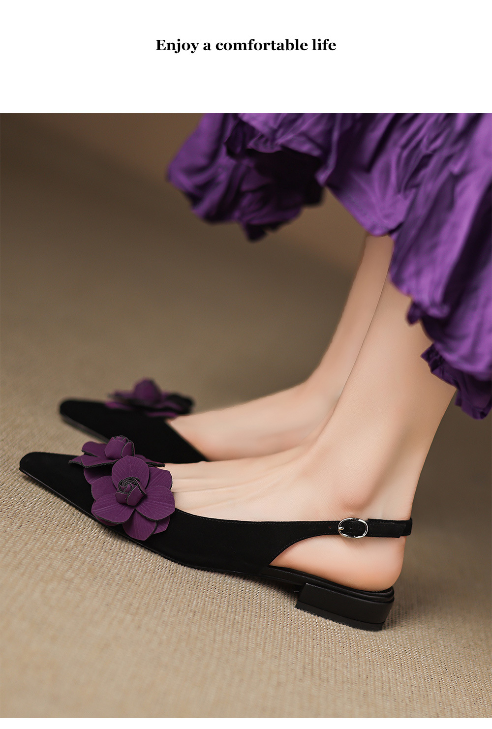 Sandal nữ da cừu mũi tròn quai chữ V đế bệt phong cách Hàn Quốc — đen chi tiết 9