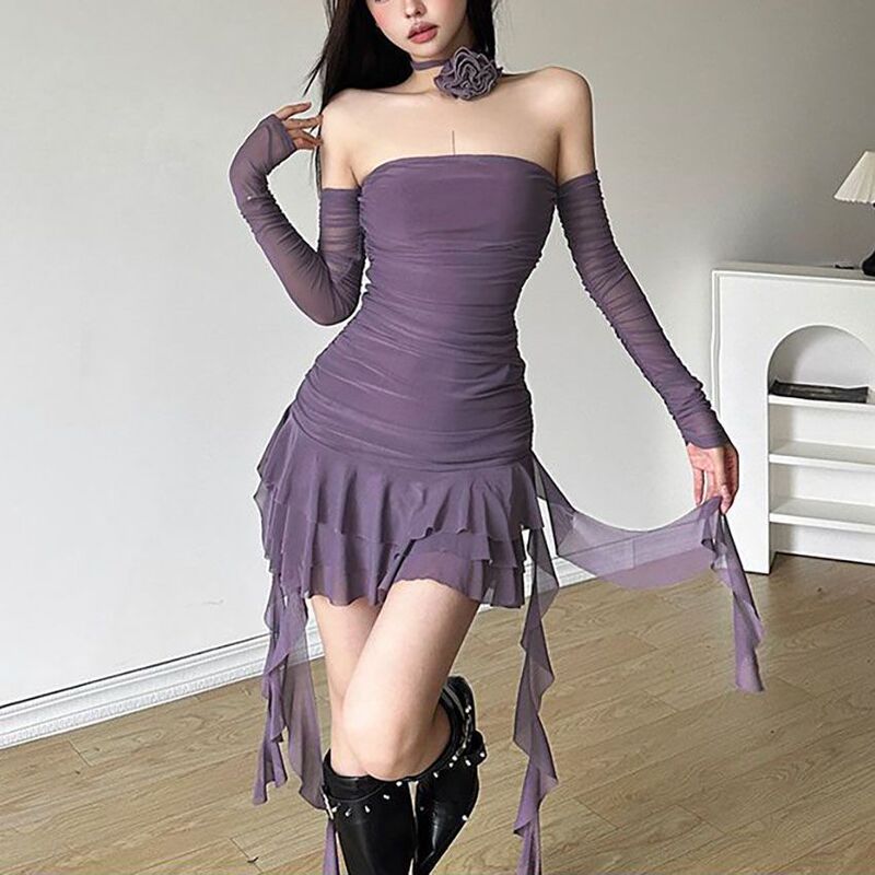 2025 New Mesh Design Sexy Tube Top Dress Women's Slim Backless Long-Sleeved Ruffled Breast-Wrapped Skirt Pleated