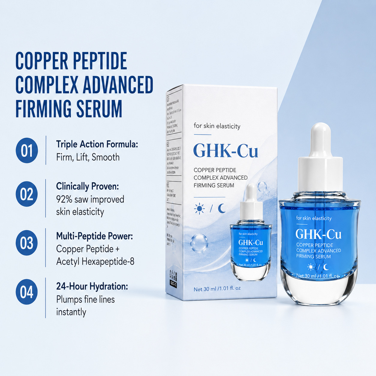 GHK-Cu Blue Copper Peptide Complex Firming Essence: Moisturizes, softens the skin, reduces fine lines, and improves skin elasticity