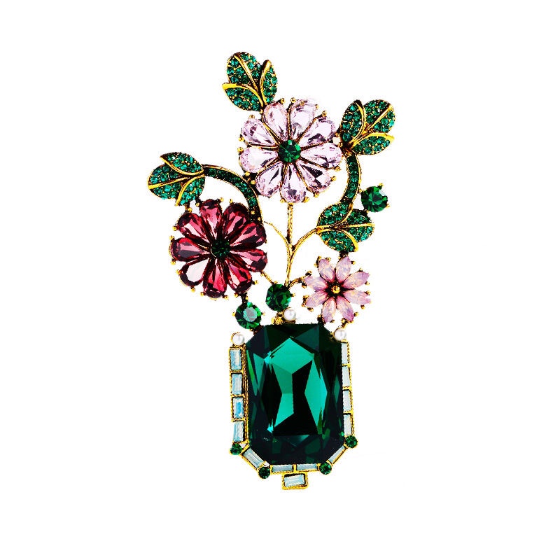 Spilla vintage floreale cristallo verde rame stile corte gioielli_voghion.com