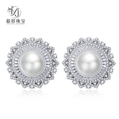 慕景珠寶 2023花形珍珠耳釘通體925銀鑲嵌12mm貝珠歐美女耳環耳夾