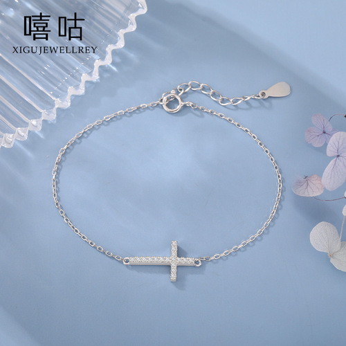 Xigu H0053 S925 Silver Cross Simple Slim Bracelet Women's Fashionable Commuting Silver Bracelet Jewelry