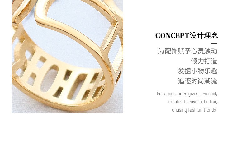 2021 New Open Non-adjustable Letter Hollow Ring Titanium Steel Plated 18k Real Gold Tail Ring display picture 2