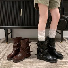 葡萄妈studiolee 增高6/8cm~时髦皮带扣方圆头褶皱中筒骑士靴女秋